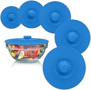 Silicone Bowl Lids Blue Set of 5 Reusable Suction Seal Covers for Bowls, Pots, Cups. Food Safe. Natural grip, interlocking handles for easy use and storage.