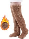 HYTENSUN Women's Fuzzy Thigh high Socks Over Knee High Plush Slipper Winter Indoor Sleeping Fluffy Long Leg Warmers, Brown, One Size