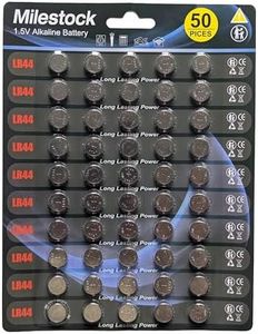 Milestock 50-pcs LR44 L1154 AG13 357 303 SR44 A76 1.5V Super Alkaline Button Cell Battery High Power Coin Batteries for LED Lights, Candles, Toys, Thermometers, Calculators & More