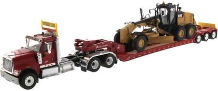 Diecast Masters International HX520 Tandem Tractor Red with XL 120 Lowboy Trailer and CAT Caterpillar 12M3 Motor Grader Set of 2 Pieces 1/50 Diecast Models by 85598