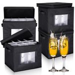 Uiifan 4 Pcs Wine Glass Storage Box with Dividers 12 Compartments Stemware Storage Cases China Storage Containers Box Mug Cup Storage with Lid and Handle Glass Organizer Containers for Moving (Black)