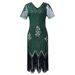 JaosWish Gatsby 1920s Flapper Dress Women Vintage Sequin Fringe Beaded Art Deco Fancy Dress with Sleeve for Party Prom, Green,Dark Green, XL