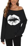 CHICALLURE Womens Long Sleeve Sweatshirt Lips Print Off The Shoulder Tops Causal Loose Pullover Blouse(Black White, L)