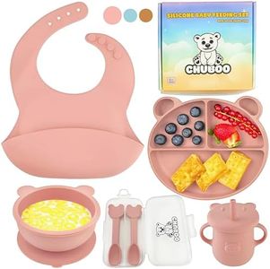 CHUBOO | Set Pappa Svezzamento Neonati | Bavaglino Silicone | Piatto con Ventosa per Bambini | Ciotola Svezzamento | Tazza |2x Cucchiaino Silicone Neonato | Porta Posate Bambini | Prima Pappa (Rosa)