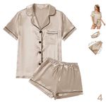 WJing Yi Jia 4Pcs Womens Satin Silky Pajama Sets Short Sleeve Shirt XS-4XL Floral Pajamas Set Soft PJ Loungewear Sleepwear, Pale Champagne-b, XX-Large