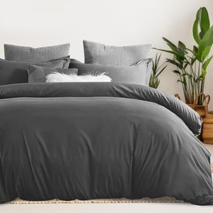 LINENOVA 100% Cotton Double Quilt Cover Set Breathable Moisture Wicking All Season Hotel Inspired Duvet Cover with Pillowcase 3 Piece Charcoal