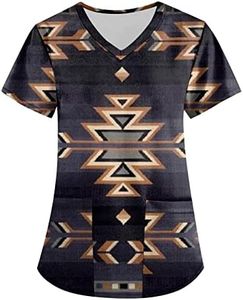 Scrub Tops Women Pattern,Western Aztec Graphic Scrubs Tops Plus Size V Neck Short Sleeve T Shirts Nurse Workwear Medical Uniforms with Pockets Purple 5XL