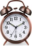 Kadio Loud Alarm Clock for Heavy Sleeper, 4 Inches Twin Bell Battery Operated Metal Alarm Clocks with Night Light for Bedrooms, Retro Analog Alarm Clock for Adults, Silent Non-Ticking (Red Brown)