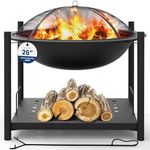 Portable Outdoor Wood Fire Pit - 2-in-1 Steel BBQ Grill 26" Wood Burning Fire Pit Bowl w/Mesh Spark Screen, Cover Log Grate, Wood Fire Poker for Camping, Picnic, Bonfire