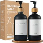 MaisoNovo Bathroom Soap Dispenser Set - Glass Soap Dispenser with Pump - Black Bamboo Black Pump 500 ml - Kitchen Soap Dispenser Set of 2 - Soap and Lotion Dispenser Set with Tray