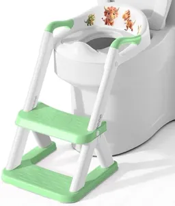 SKYROKU 8868 Potty Training Seat with Step Stool - Adjustable Height, Non-Slip, Splash-Proof, Foldable 2-in-1 Toddler Potty Seat with Armrests and Replaceable Cushion - Fits Most Toilets (Green)
