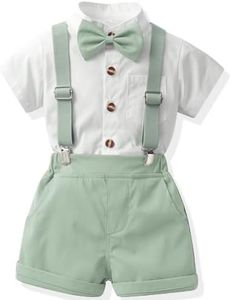 Yaopelky Toddler Formal Outfit Kid Gentleman Short Sleeve Shirt Bowtie Boy Suspender Shorts Wedding Suit Boys Outfits (Green, 2-3T)