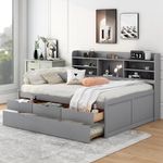 Harper & Bright Designs Full Size Daybed with Trundle and 3 Storage Drawers, Full Captains Bed with Built-in Bookshelves for Girls Boys,Wooden Daybed with Trundle Bed Twin, Light Grey