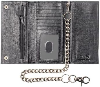 RFID Safe Leather Long Tri-fold Chain Wallet & without chain Checkbook Size Crazy Horse Rustic Brown Black (Black, 312B with chain)