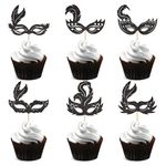 Cyodoos 24Pcs Masquerade Masks Cupcake Toppers Black Glitter Bachelorette Party Mask Cupcake Food Fruit Picks Masquerade Mardi Gras Party Baby Shower Birthday Party Cake Decor Supplies