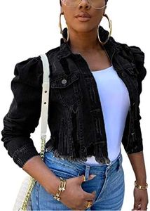 Omoone Women's Ripped Puff Sleeve Denim Crop Top Long-Sleeve Cropped Jean Jacket(1676-Black-XL)