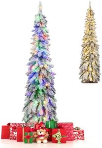 COSTWAY 4 FT/5 FT Pre-Lit Artificial Christmas Tree, Snow-Flocked Slim Pencil Xmas Tree with LED Lights, 11 Lighting Modes and 225/334 Branch Tips, Xmas Holiday Office Home Party Decor (5 FT)
