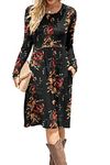 DB MOON Women Casual Long Sleeve Dresses Empire Waist Loose Dress with Pockets (Brown Floral Black, 2XL)