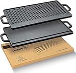 Overmont Pre-Seasoned 17x9" Cast Iron Reversible Grill Pan with Handles for Stovetop Camping BBQ