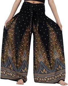 B BANGKOK PANTS Women's Boho Palazzo Pants Yoga Wide Leg Pants (as1, Alpha, one_Size, Regular, Regular, Black Peacock)