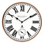 HARRIS & CO. CLOCKMASTERS Premium Metal Analog Wall Clock with Sub-Second Dial (12 Inch) (Rosegold, with HD Clear Curved Glass)(Silent Sweep Movement Technology)(Fleet Street in Rose)