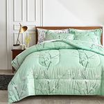 Green Comforter Sheet Set Bed in a Bag 7 Pieces King Size Tree Branch Bloom Flower Microfiber Reversible Bedding Set (1 Comforter 2 Pillow Shams 1 Flat Sheet 1 White Fitted Sheet 2 Pillowcases)