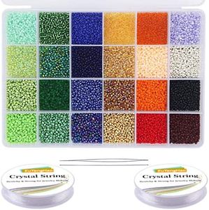 EuTengHao 14400 cuentas de cristal pequeñas para manualidades, pulseras, collares, manualidades, joyería, suministros con dos cuerdas transparentes de 0,5 mm (600 unidades por color, 24 colores)