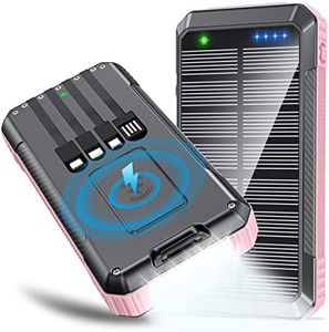 DJKK Solar Power Bank Wireless Charger 33800mAh Built in 4 Cables and LED Camping Lights 22.5W Fast Charging Power Bank 7 Outputs 4 Inputs Portable Charger Compatible with All Mobile Devices (Pink)