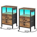 YATINEY Nightstands with Charging Station, Night Stand Set of 2 with LED Lights, Side Table with 2 Non-Woven Drawers, End Table Bedroom, Bedside Tables for Bedroom, Rustic Brown and Black ET12L2BR