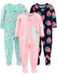 Simple Joys by Carter's Girls' 3-Pack Loose Fit Flame Resistant Polyester Jersey Footed Pajamas, dino/strawberry/flamingo, 18 Months