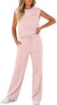 ANRABESS Women's Summer 2 Piece Outfits Casual Sleeveless Sweatsuits Matching Wide Leg Tracksuits Lounge Sets Fashion Clothes Pink Large