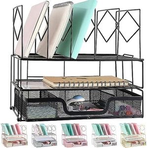 gianotter Desk Organizers and Accessories, Office Supplies Desk Organizer with Sliding Drawer, Double Tray and 5 Upright Sections (Black)