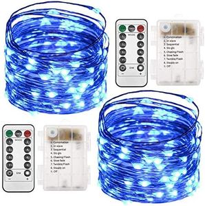 Twinkle Star 2 Pack Christmas Blue Fairy Lights Battery Operated, Total 66 ft 200 Led String Lights Remote Control Timer Twinkle String Lights 8 Modes Firefly Lights for Garden Party Indoor Decor