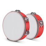 Flexzion Wood Handheld Tambourine- 8 & 6 Inch Set of 2 Pack, Double Row 12 Pair Metal Jingles, Percussion Drum Moon Musical Instrument (Red)
