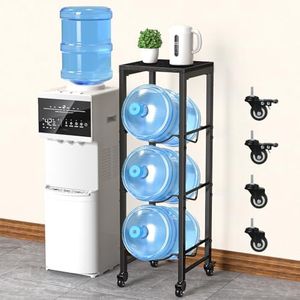 5 Gallon Water Bottle Jug Holder 3-Tier Organizer with Lockable Casters Heavy Duty Storage Rack Dispenser Stand With Wood Top Shelf for Kitchen Office Garage Black