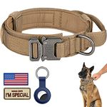 Tactical Dog Collar，Adjustable Military Training Nylon Dog Collar with Control Handle for Medium and Large Dogs，with Patches and AirTags Case (L, Brown)
