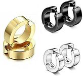 BEETAN 316L Stainless Steel Clip on Non Piercing pressing Hoop Bali Stud Earrings Men Boys Women Girls Combo pack set of 3(Black Silver Golden)