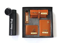 Saanvi Crafts Customized 5 in 1 Engraved 1 LED Flask Bottle, Passport Cover with Wallet, Eye Wear Case, and Metal Keychain Combo - Men's Combo Accessories, Birthday Gifts, Personalised Gifts (Orange)
