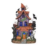 Valery Madelyn Halloween Haunted House Figurine with Bat Ghost Pumpkin for Halloween Decorations, 11.6 Inch Pre-Lit Lighted Halloween Village Statue with LED Light for Indoor Outdoor Party Decor