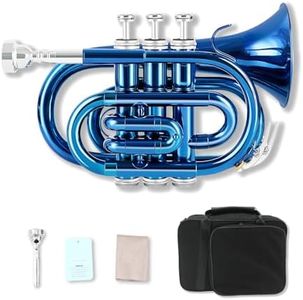 WUQIMUSC Brass Pocket Trumpet Bb Key Nickel Plated with Mouthpiece 7C, Cleaning Kit, Carrying Case, Gloves for Beginners/Students (Blue)
