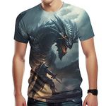 Srcnhim Men's Animal Shirt Retro Dragon 3D Printing Graphic Short Sleeve Top, Blue, Large