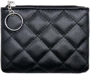 LJCZKA Coin Purse for Women Quilted Leather Mini Pouch Card Holder Top Zipper Coin Wallet Makeup Bag with Keychain, Black, One size, Coin Purse