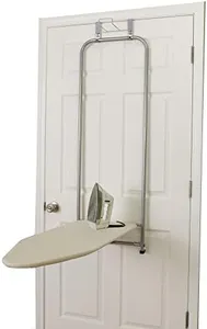 Household Essentials 144222 Over The Door Small Ironing Board with Iron Holder, Natural Cotton Cover Silver