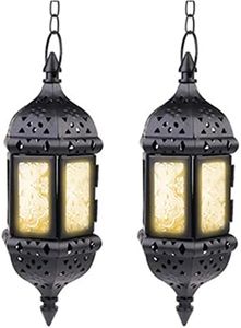 2 Pcs Hanging Candle Lantern Moroccan Chandelier Retro Candle Holder Moroccan Vintage Metal Hollow Wedding Hanging Candle Holders Lantern Contain 13.8 inches Chain, Black