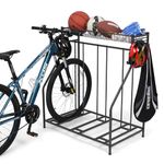 Bike Rack for Garage Floor,Bike Bicycle Floor Parking Stands for Mountain, Hybrid or Kids Bikes, Free Standing Bike Holder with Adjustable Bike Slot, 3 Bike Stands and 6 Hooks, Sports Storage Station