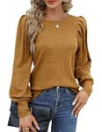 Hotouch Shirt for Women Cute O-Neck Lantern Sleeve Pullover Blouse Lightweight Solid Tunic Tops Amber XL