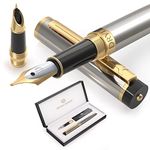 Dryden Designs Fountain Pen - Medium Nib and Fine Nib | Includes Premium Box, 6 Ink Cartridges - 3 Black 3 Blue and Ink Refill Converter - Metallic Silver