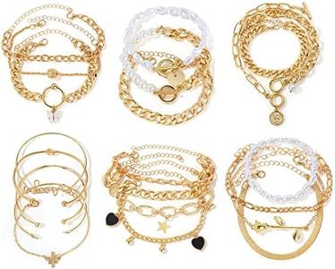 IFKM 6 PACK (22 PCS) Gold Chain Bracelets Set for Women, 14K Gold Plated Multiple Layered Stackable Open Cuff Wrap Bangle Bracelet Adjustable Link Italian Cuban Jewelry for Women Gift