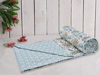 Trance Home Linen 150 Gsm 100% Cotton Reversible Dohar Single Bed Size | Jaipuri Printed Artisan Block Design Blanket | Soft Lightweight Ac Comforter Quilt (56"X88",Flora Blue), 200 TC Festive Gifting