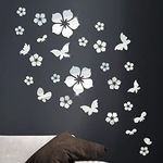 28pcs Butterfly Flower Mirror Wall Stickers Acrylic Wall Art Stickers Silver Mirror Stickers for Living Room Bedroom Bathroom